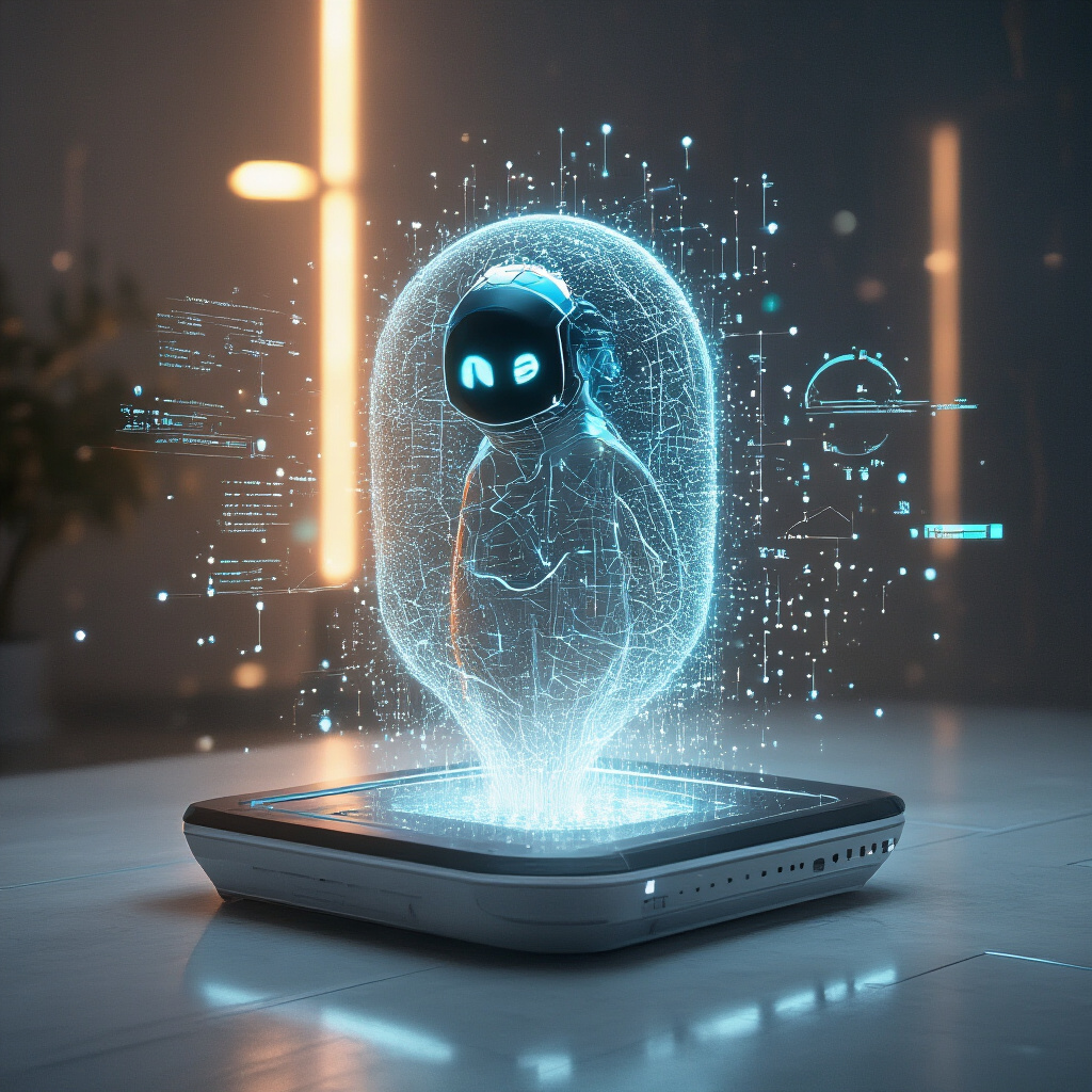 Create a realistic image of Grok 4 AI depicted as a futuristic digital entity emerging from a sleek device, surrounded by subtle holographic data visualizations, with warm lighting creating an atmosphere of innovation and accessibility, set against a minimalist background that suggests advanced technology yet remains approachable.