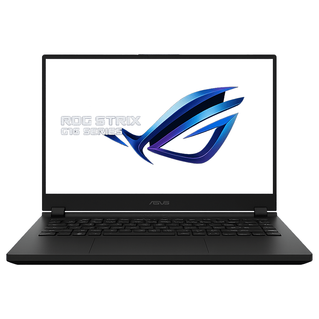 ASUS ROG Strix G16 Series gaming laptop with illuminated screen and keyboard.
