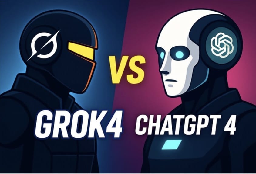 Illustration of Grok 4 and ChatGPT 4 facing off, representing a comparison between Elon Musk’s Grok AI and OpenAI’s ChatGPT AI chatbots.
