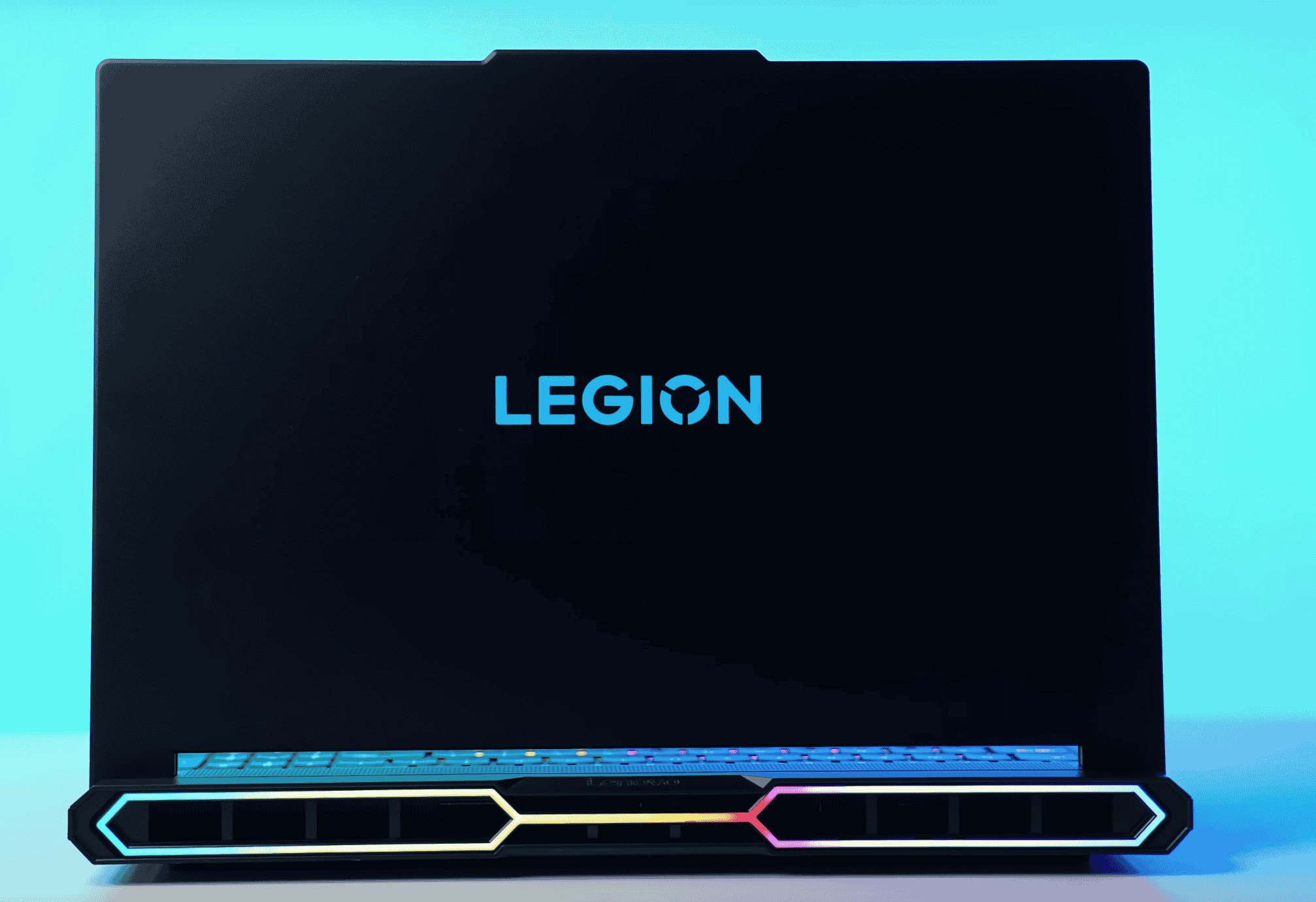 Back view of Lenovo Legion gaming laptop with RGB vents and illuminated logo