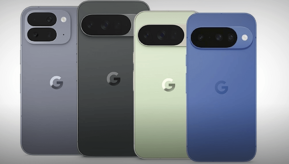 Google Pixel 10 Series in four color variants - Gray, Black, Mint Green, and Blue