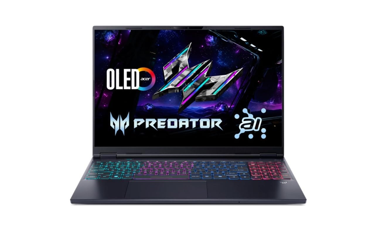 Acer Predator laptop featuring an OLED display, AI branding, and RGB backlit keyboard.