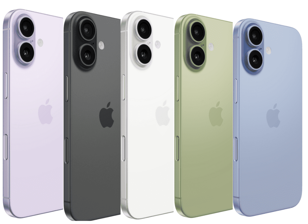 Five iPhone 17 smartphones in a row, displayed in pastel colors: purple, black, white, green, and blue. The phones are shown from the back, revealing dual rear cameras and the Apple logo. Above the phones, bold, stylised text reads "IPHONE 17"