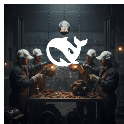 Engineers welding machinery in a workshop with a white whale logo overlay at the center.