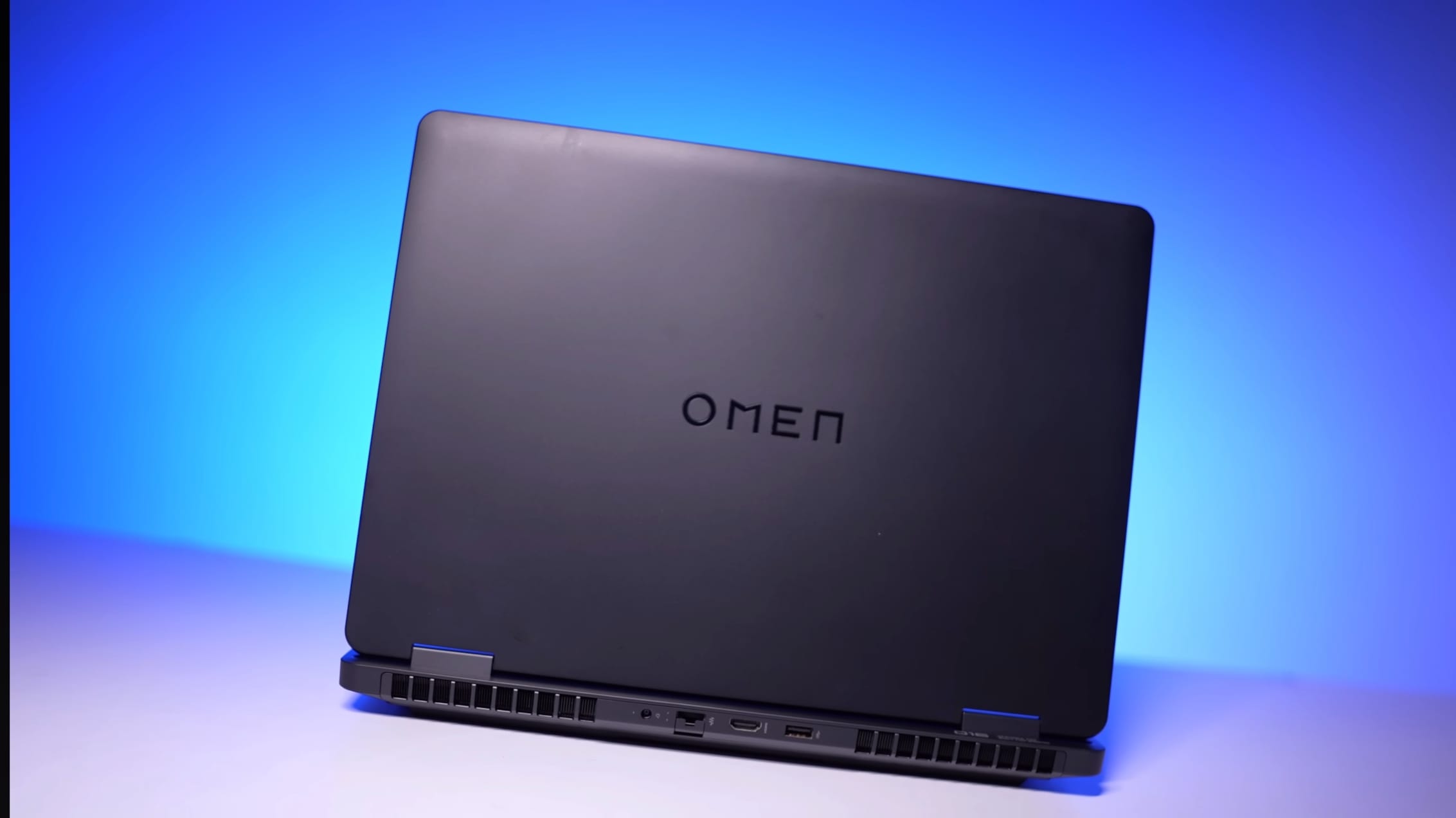 HP Omen gaming laptop rear view showing cooling vents and ports