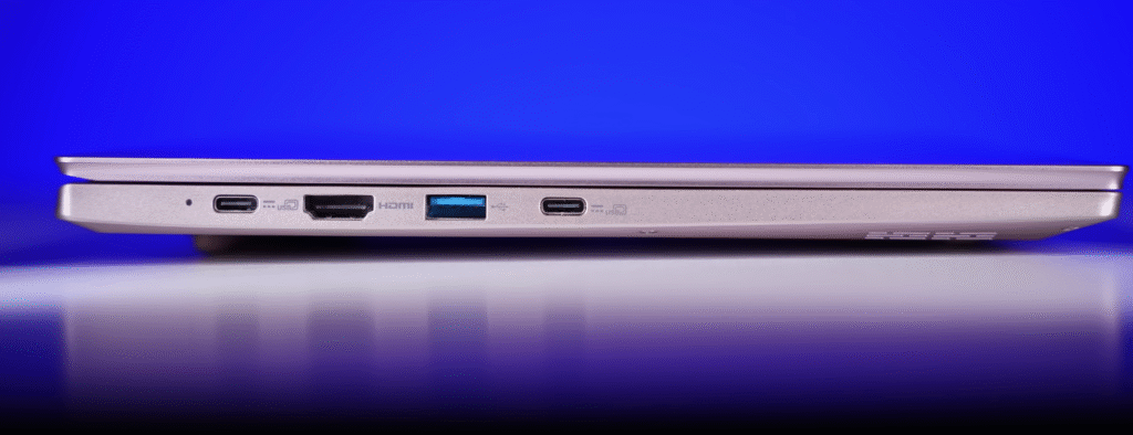 Close-up of the Acer laptop’s left side ports including USB-C, HDMI, USB-A, and another USB-C port against a blue background.