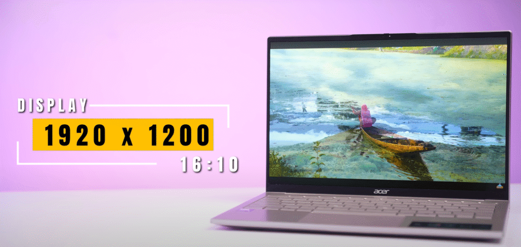 Acer laptop featuring a 14-inch display with 1920x1200 resolution and 16:10 aspect ratio, displaying a scenic image of a person in a boat on calm water.