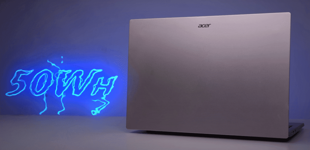 Acer Swift laptop with the lid closed, showcasing a minimalist silver design and Acer logo, with a glowing blue “50Wh” graphic in the background indicating battery capacity.