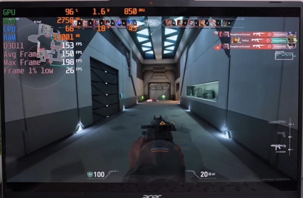 Valorant gameplay on Acer laptop displaying frame rate overlay with 150 FPS performance.