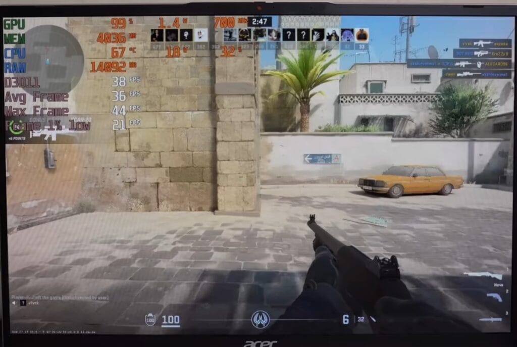 Counter-Strike 2 gameplay on an Acer laptop showing performance metrics with 38 FPS on screen.