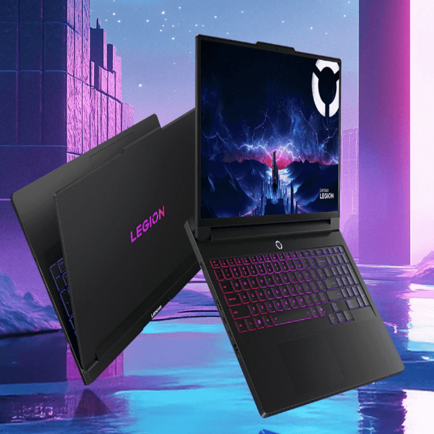 Lenovo Legion gaming laptop shown from the front and back, with RGB keyboard and a futuristic background.
