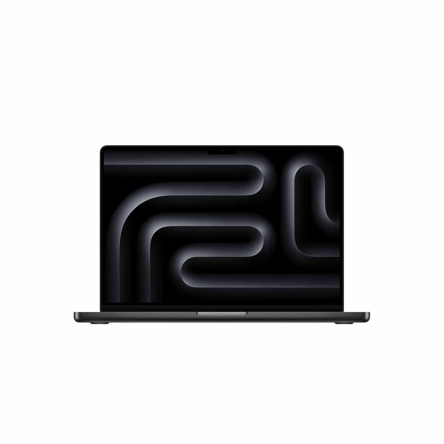Sleek modern laptop with a black display showing a minimal abstract wallpaper, viewed from the front.