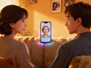 Two people are engaging with a lifelike AI avatar of a deceased loved one on a smartphone, illustrating emotional digital communication with the help of the 2Wai app.