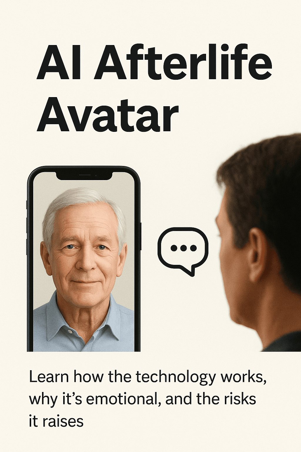 A man looks at a smartphone displaying an AI avatar of an elderly loved one, representing digital afterlife technology.