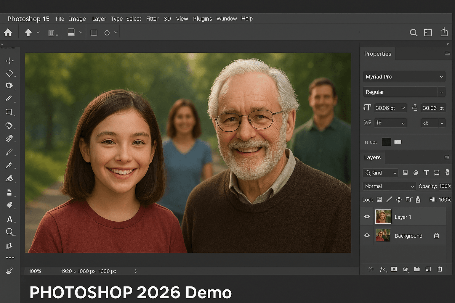 A Photoshop 2026 demo screen showing a realistic AI-generated portrait of a young girl and an older man in an outdoor park, displayed within the Photoshop interface.