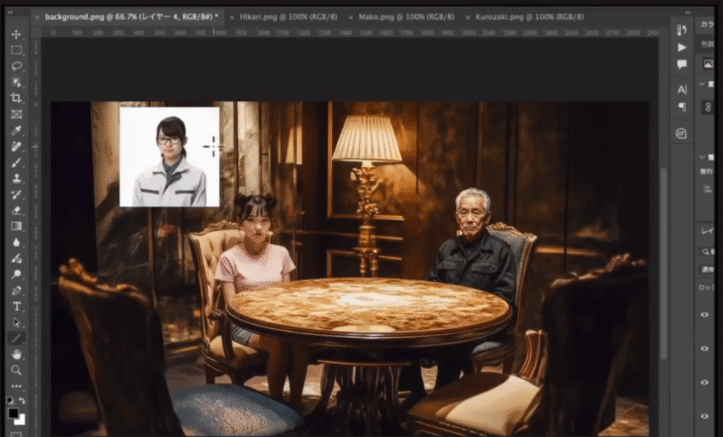 A Photoshop workspace showing a composite scene being edited. A small cutout of a woman in a light gray jacket is placed over a larger image of a young woman and an older man sitting at a round marble table inside a warmly lit, ornate room.