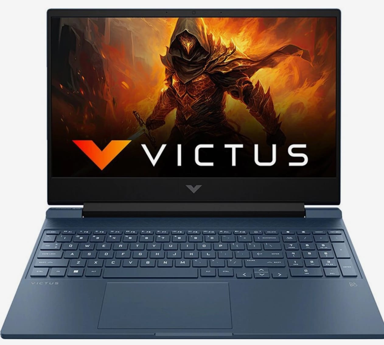 An HP Victus gaming laptop in metallic blue color is open, displaying a screen with the logo "VICTUS" and a fantasy warrior character with flaming armor and a sword set against a fiery background.