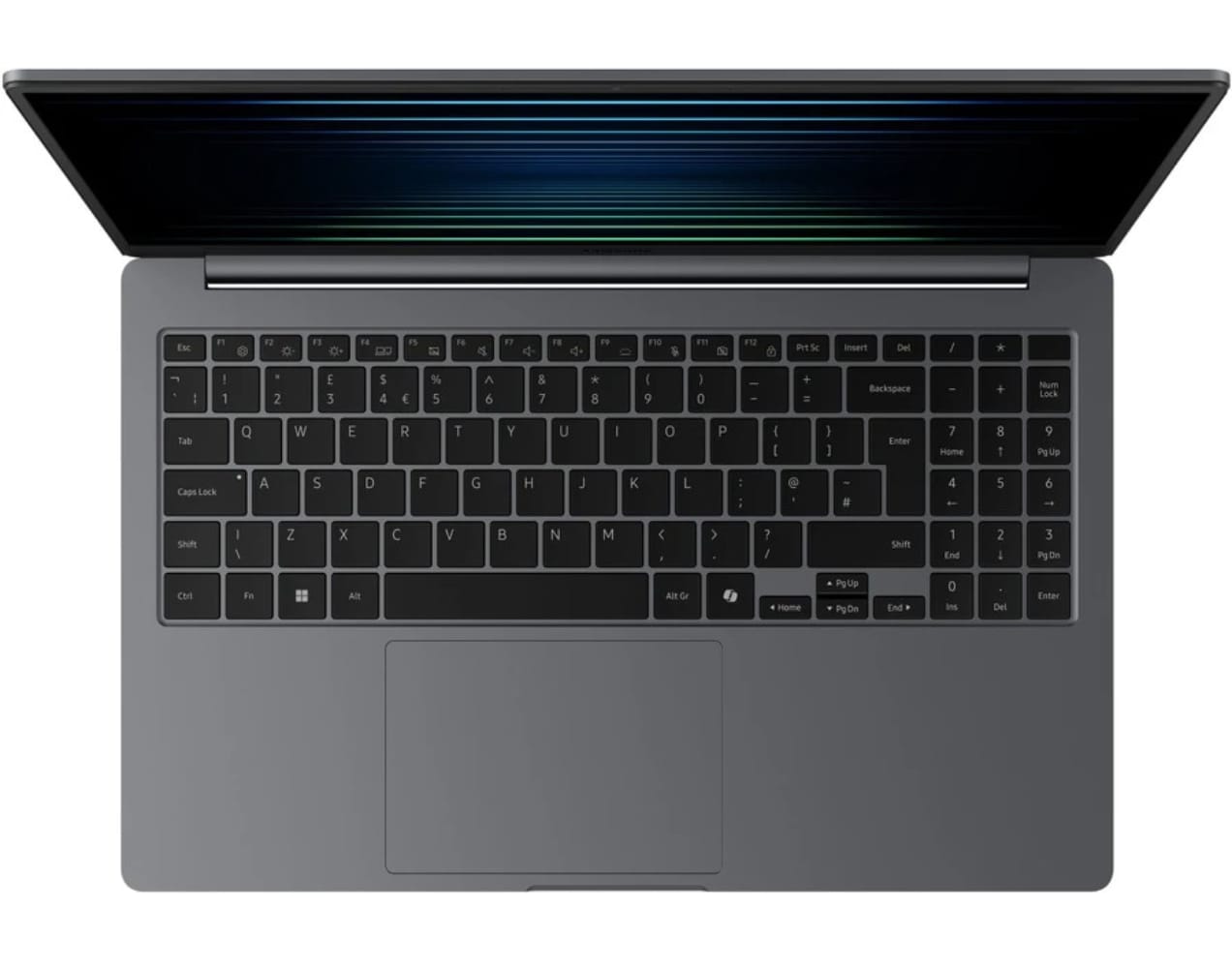 Top view of a laptop showing a full keyboard layout with a numeric keypad and large trackpad.