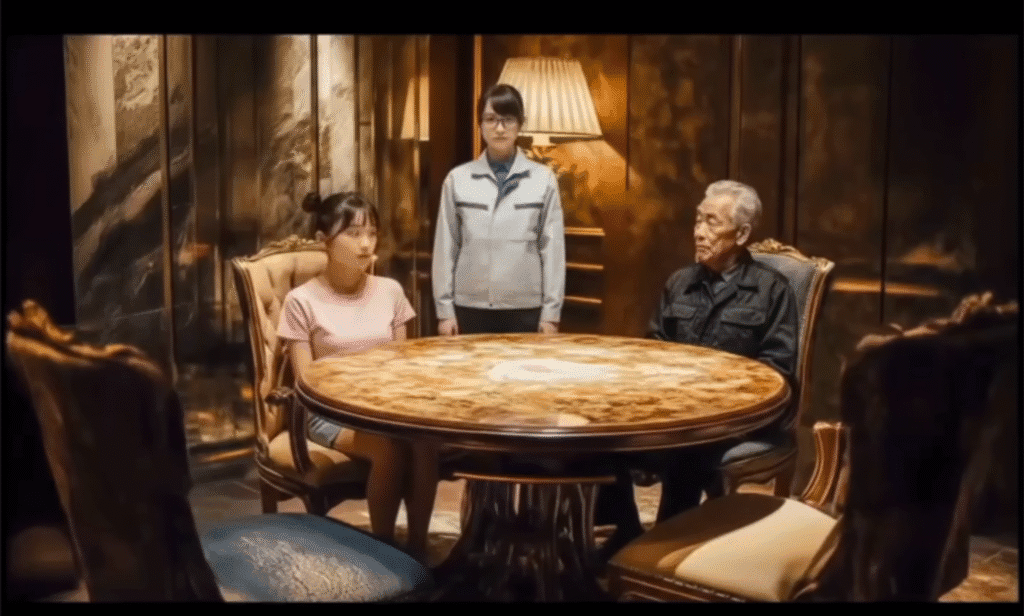 A young woman and an older man sit across from each other at a round marble table in an ornate room, while another woman stands behind them, lit by warm decorative lighting.