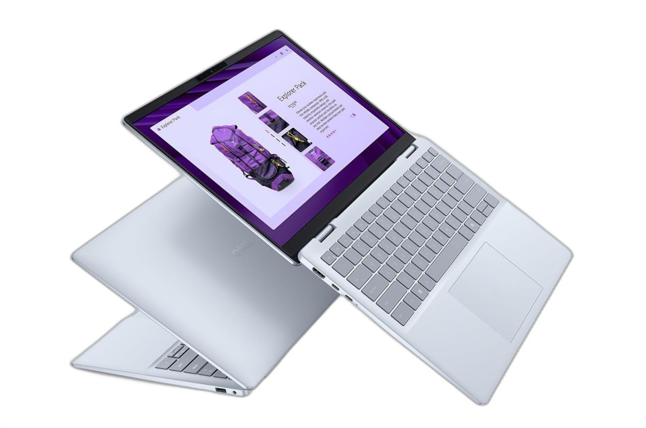 Convertible Dell Inspiron 14 2-in-1 laptop displayed in tent and standard laptop modes.