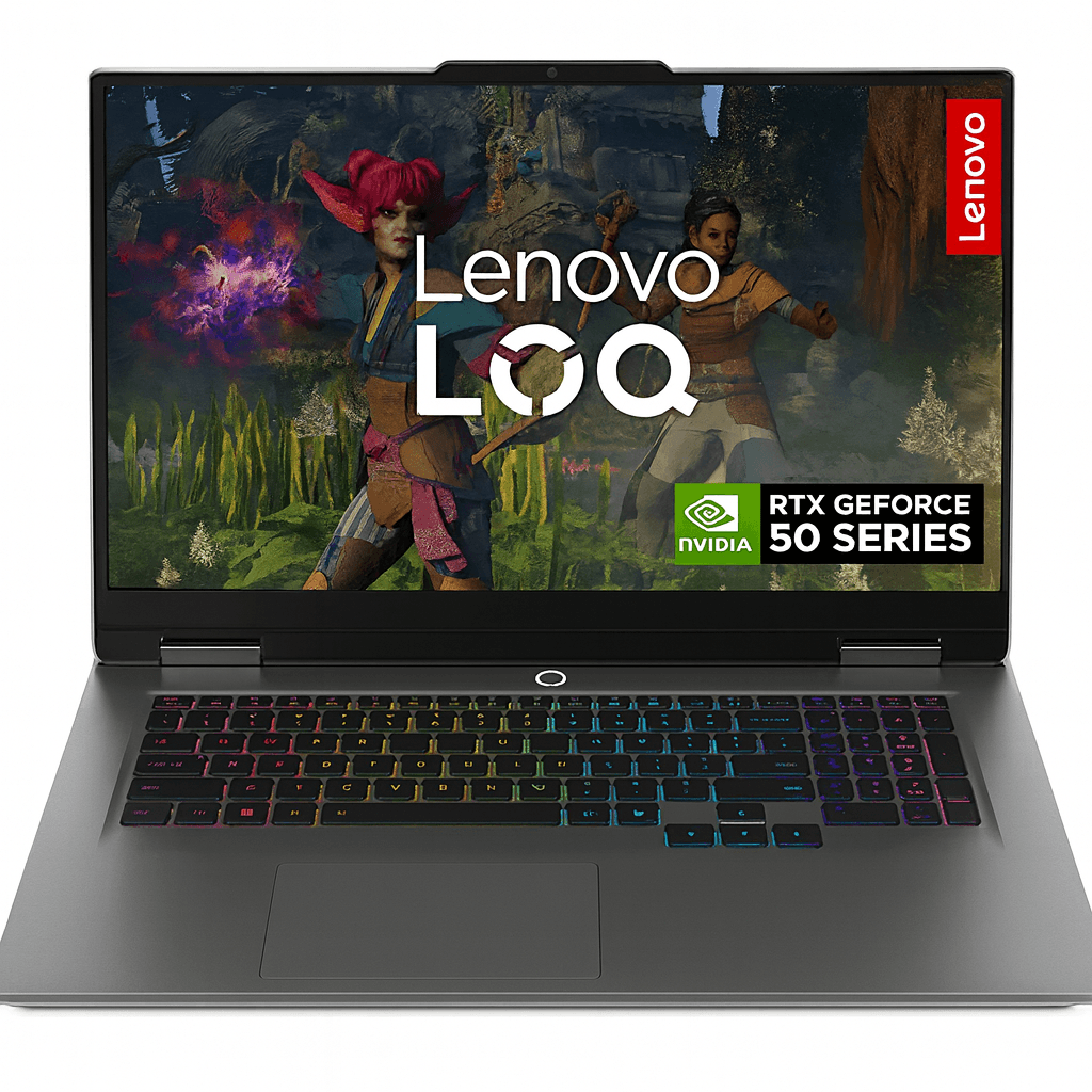 Lenovo LOQ gaming laptop with RGB keyboard and RTX 50 Series branding displayed on screen.