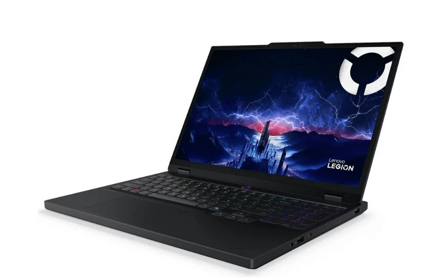 Lenovo Legion 5 Pro gaming laptop with 16-inch display, RGB backlit keyboard, and Storm Grey chassis showing the Legion branding on a lightning-themed wallpaper.