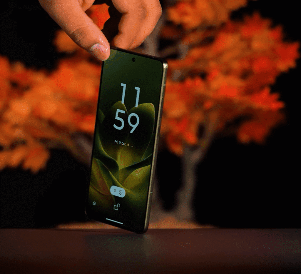 Hand holding black smartphone displaying 11:59 on lock screen with green abstract wallpaper and notification icons, photographed against blurred orange bokeh background
