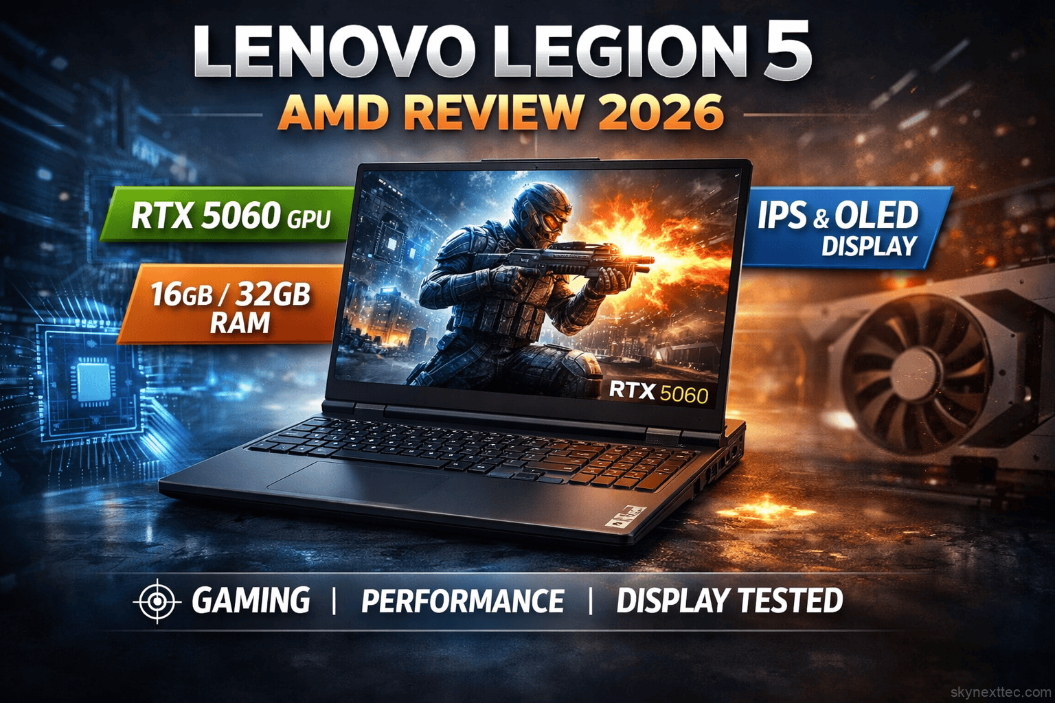 Lenovo Legion 5 AMD gaming laptop with RTX 5060 GPU, IPS and OLED display options, shown during gaming performance test