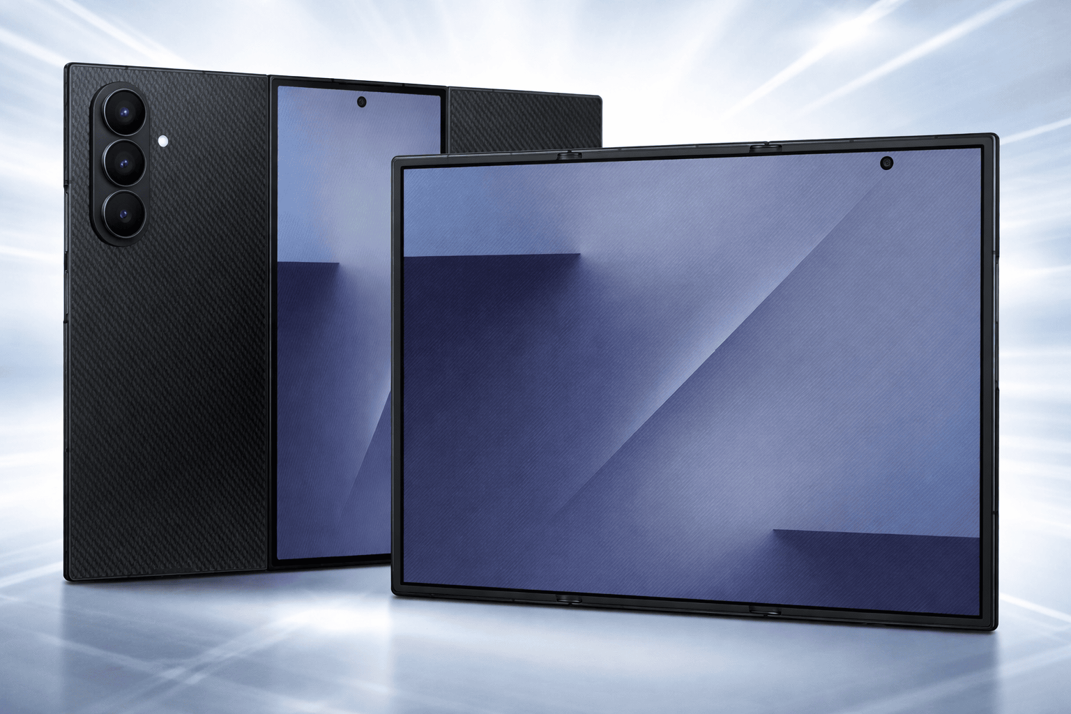 Samsung Galaxy Z Tri-Fold unfolded and folded display, showing sleek triple-camera design and flexible screen.