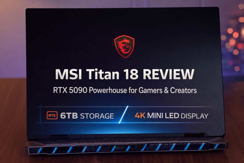 MSI Titan 18 gaming laptop with RTX 5090, 6TB storage, and 4K Mini LED display shown in a review setup.