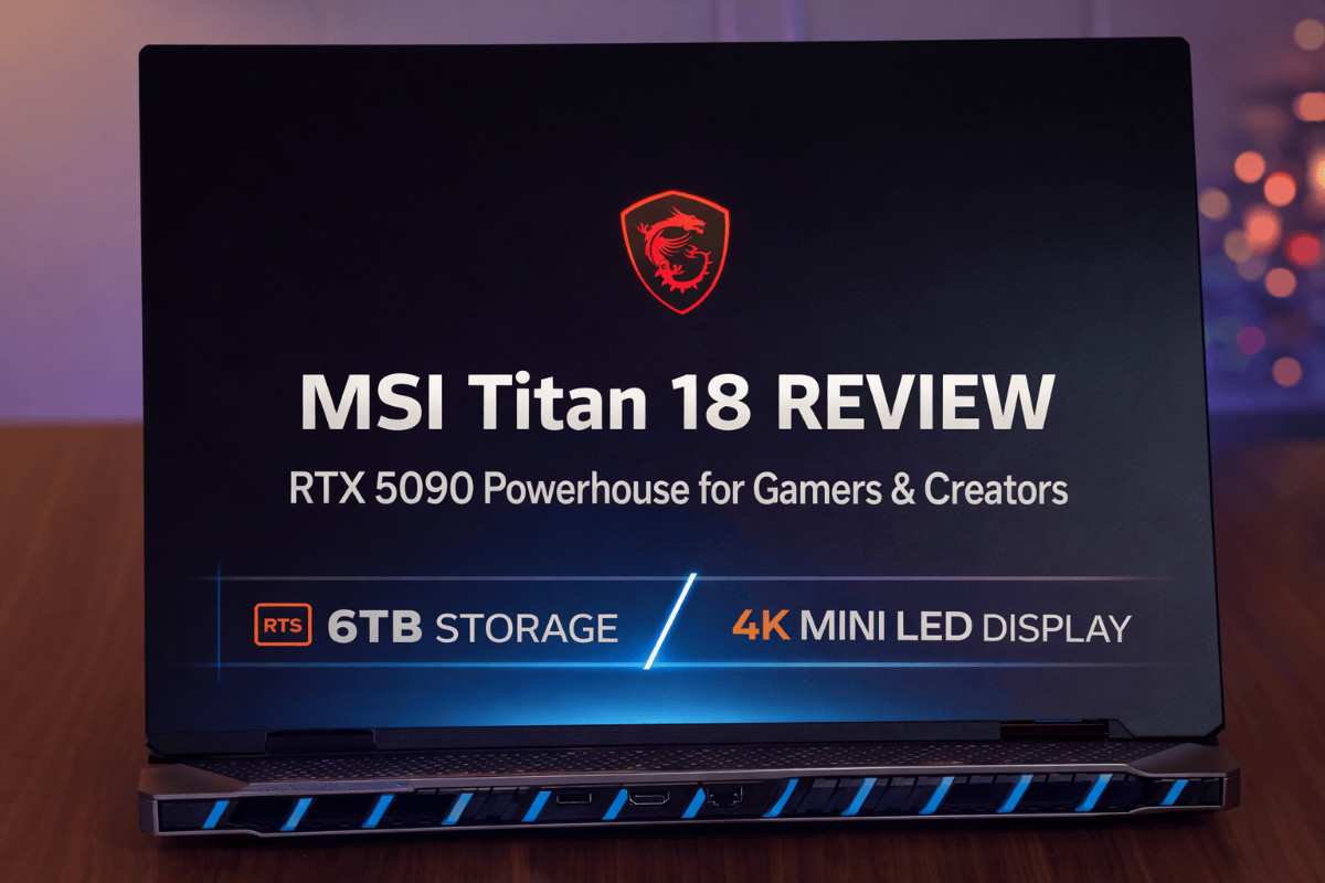 MSI Titan 18 gaming laptop with RTX 5090, 6TB storage, and 4K Mini LED display shown in a review setup.