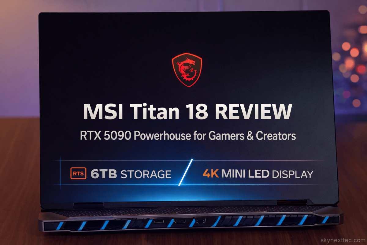 MSI Titan 18 gaming laptop with RTX 5090, 6TB storage, and 4K Mini LED display shown in a review setup.