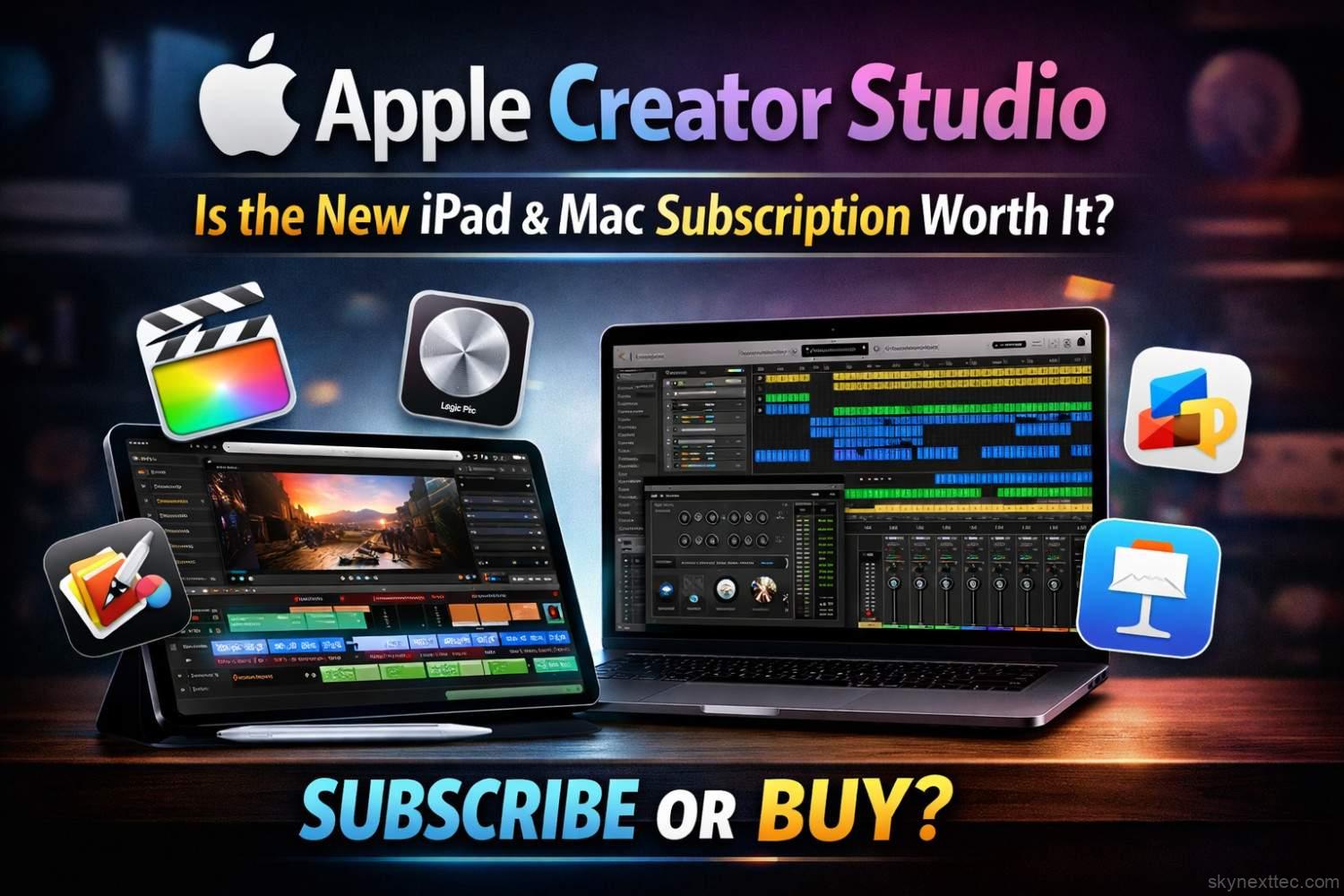 Apple Creator Studio displayed on iPad and Mac, showcasing Final Cut Pro, Logic Pro, Pixelmator Pro, and iWork apps with a question about subscription vs purchase.