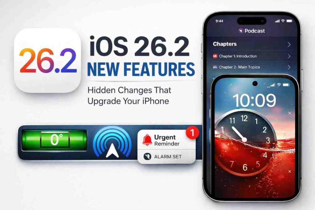 iOS 26.2 new features shown on iPhone, including lock screen depth effect, Podcast chapters, Measure app level, and urgent reminder alarm