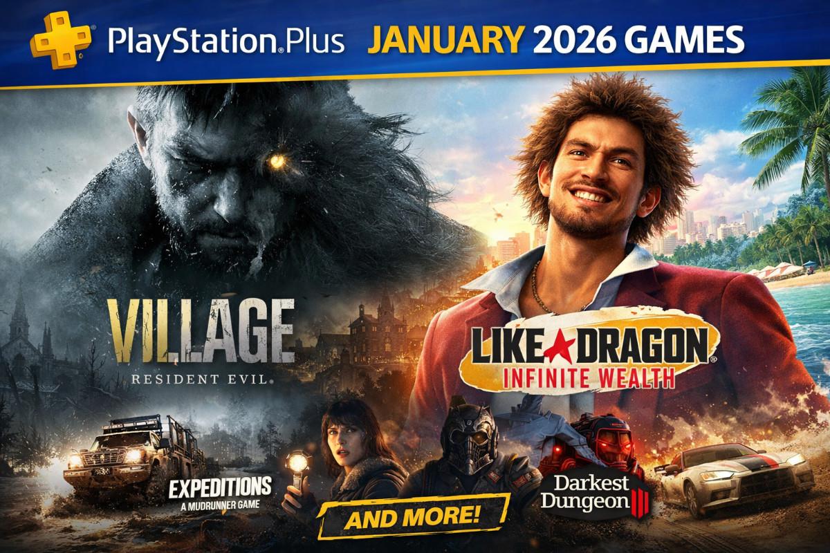 PlayStation Plus January 2026 feature image showing Resident Evil Village, Like a Dragon: Infinite Wealth, Expeditions: A MudRunner Game, and Darkest Dungeon III.