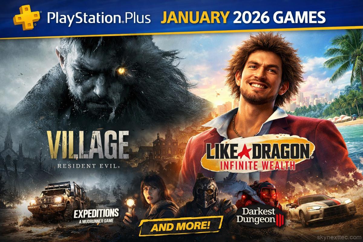 PlayStation Plus January 2026 feature image showing Resident Evil Village, Like a Dragon: Infinite Wealth, Expeditions: A MudRunner Game, and Darkest Dungeon III.