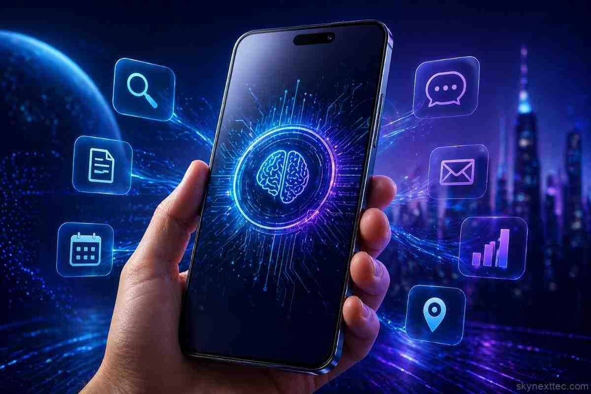 Futuristic AI agent smartphone with glowing interface and smart automation icons representing AI-powered mobile technology.