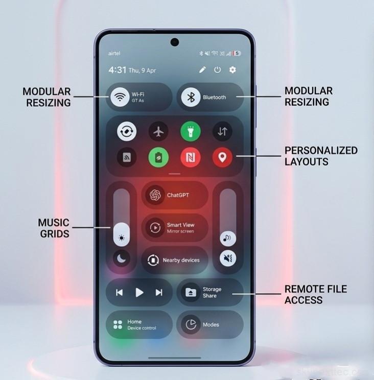 Samsung One UI 8.5 Beta modular control center interface showing resizable toggles, personalized layouts, and remote file access on a Galaxy smartphone.