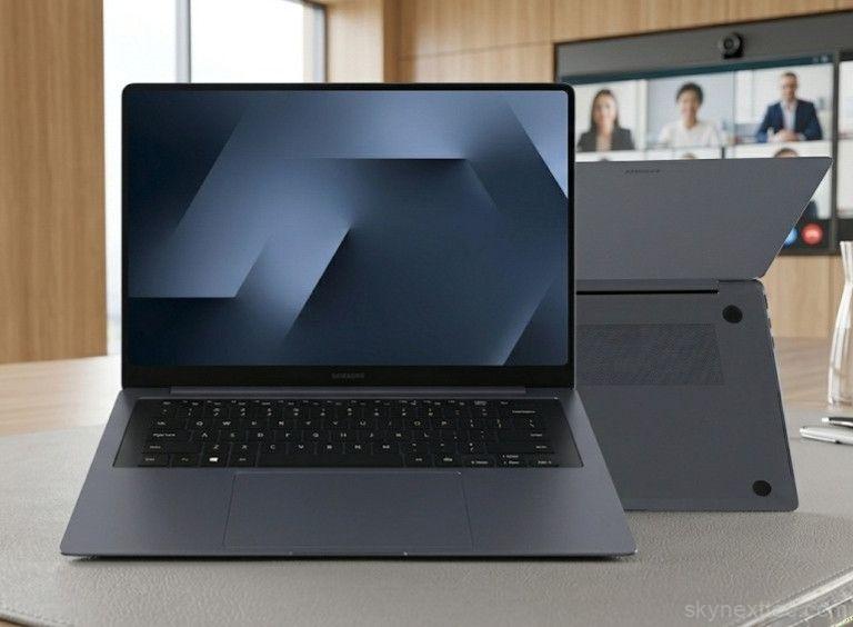 Samsung Galaxy Book 6 pro laptop on a wooden desk in a professional office setting with a video conference screen in the background.