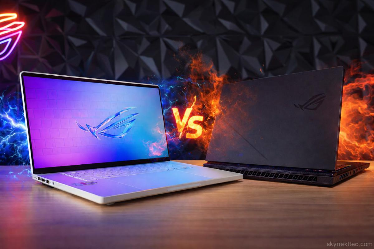 ASUS Zephyrus G16 vs Strix G16 gaming laptops comparison with RGB lighting and VS effect