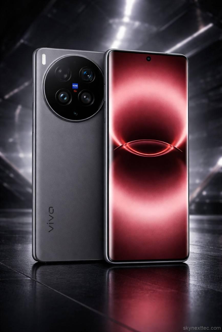 Vivo X300 Ultra smartphone showing front display with red abstract wallpaper and rear circular camera module with ZEISS branding on a dark premium background