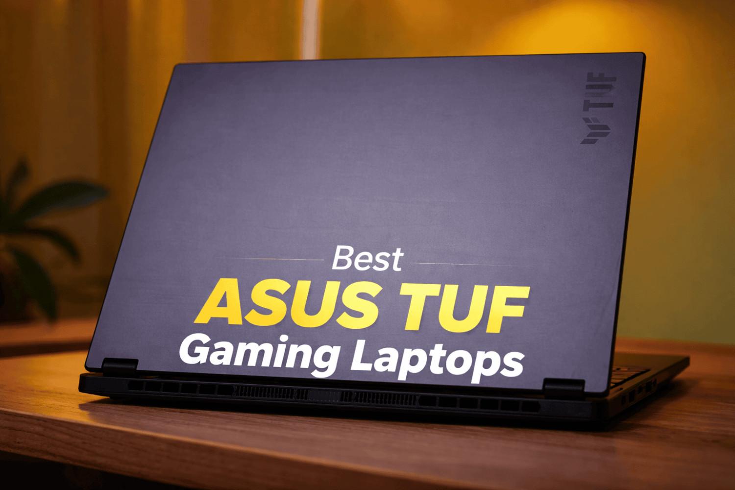 ASUS TUF A14 gaming laptop with sleek dark gray lid and TUF logo, placed on a desk with warm background lighting