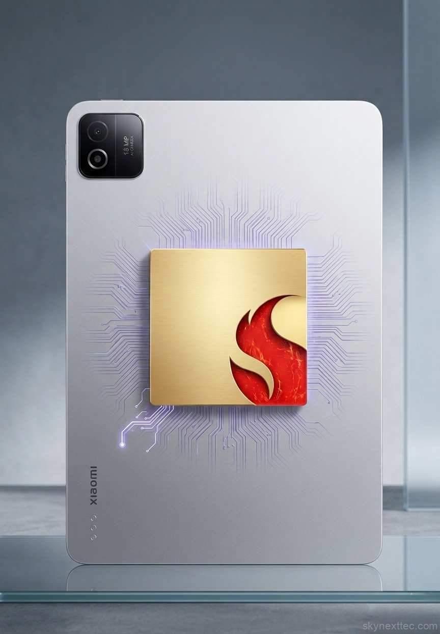 Xiaomi pad 8 tablet featuring the new Snapdragon 8s Gen 4 chipset logo with glowing circuit board traces and hyper performance branding.