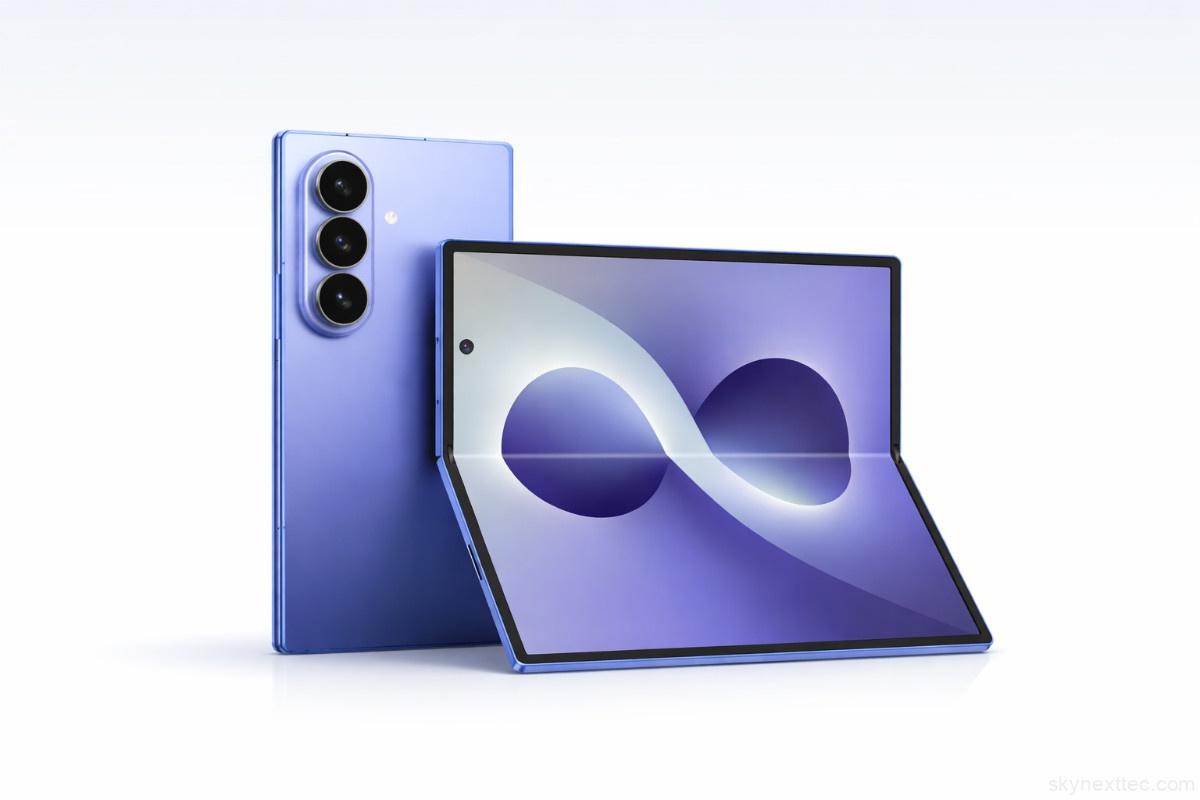 Blue Samsung Galaxy Z Fold 8 partially open showing inner display with triple rear camera on minimal background