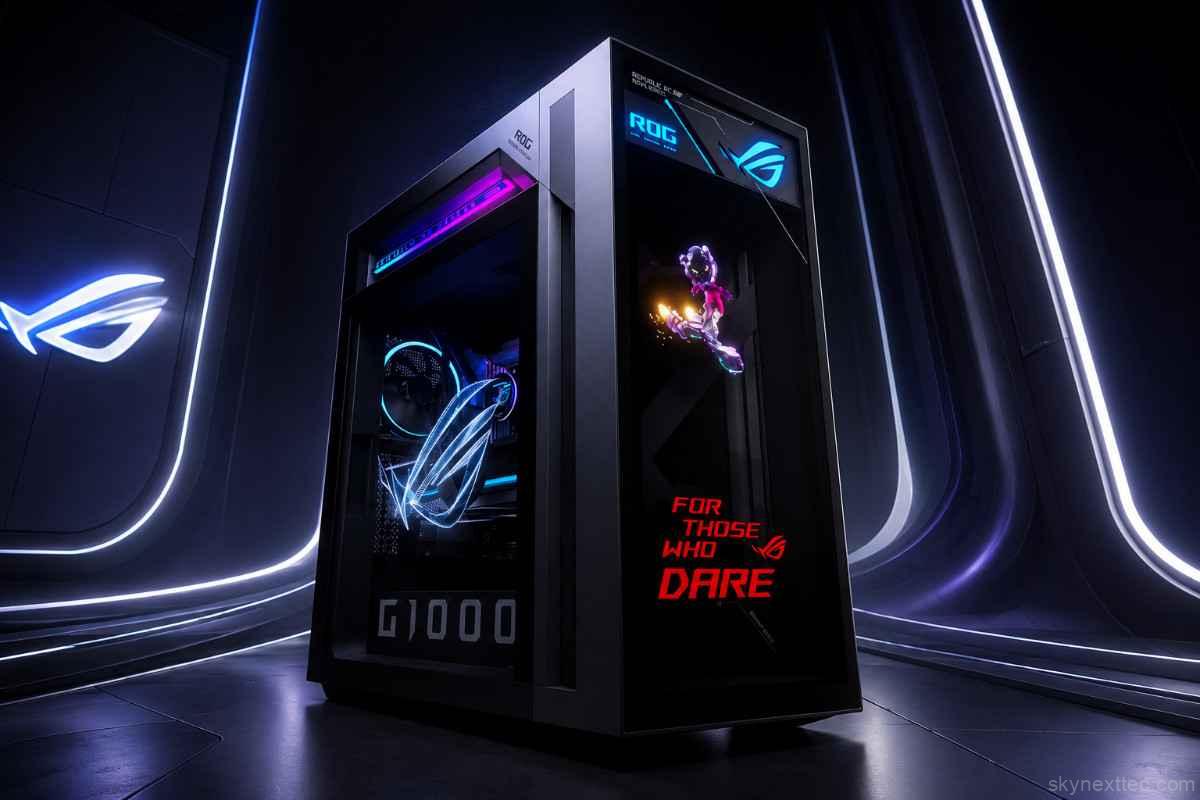 ASUS ROG G1000 gaming desktop with RTX 5090 graphics and futuristic RGB holographic lighting