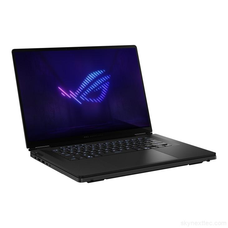 A top-down view of the ASUS ROG Zephyrus Duo 2026 showing its unique dual-screen layout. The main display and the tilted secondary ScreenPad Plus both feature a vibrant, glowing purple and blue waveform wallpaper against a dark background.