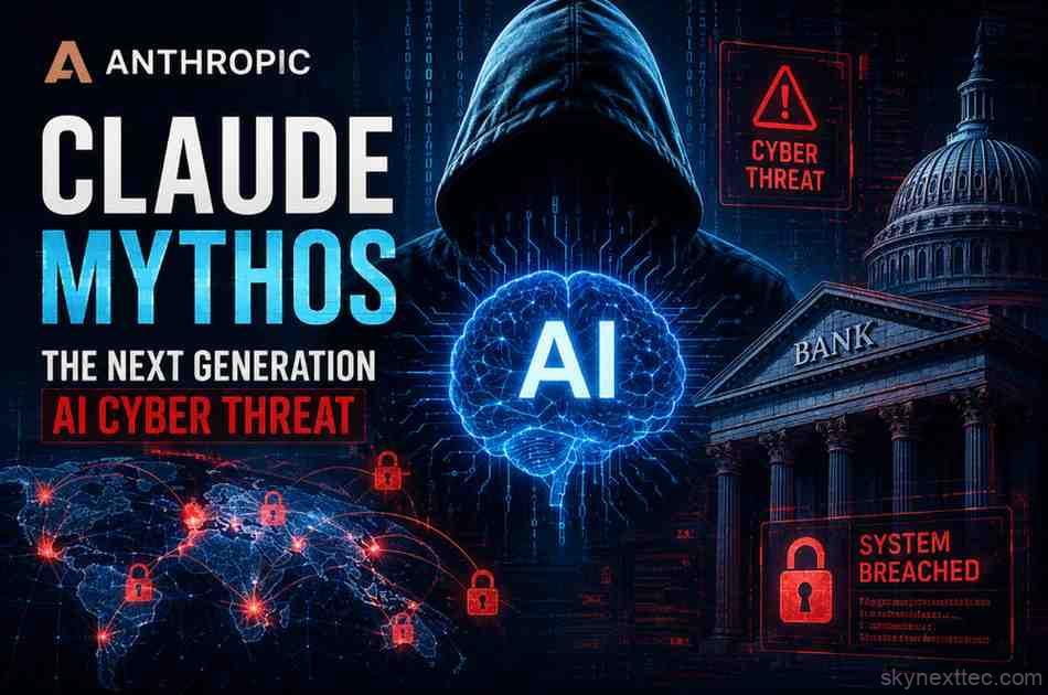 Anthropic Claude Mythos AI cyber threat concept art with hacker silhouette, glowing AI brain, banking systems, and cybersecurity warning visuals