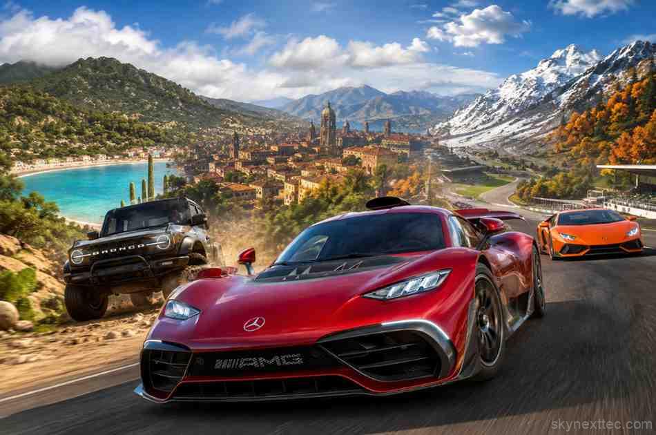 Best Forza Games showcasing high-performance sports cars racing through stunning open-world landscapes
