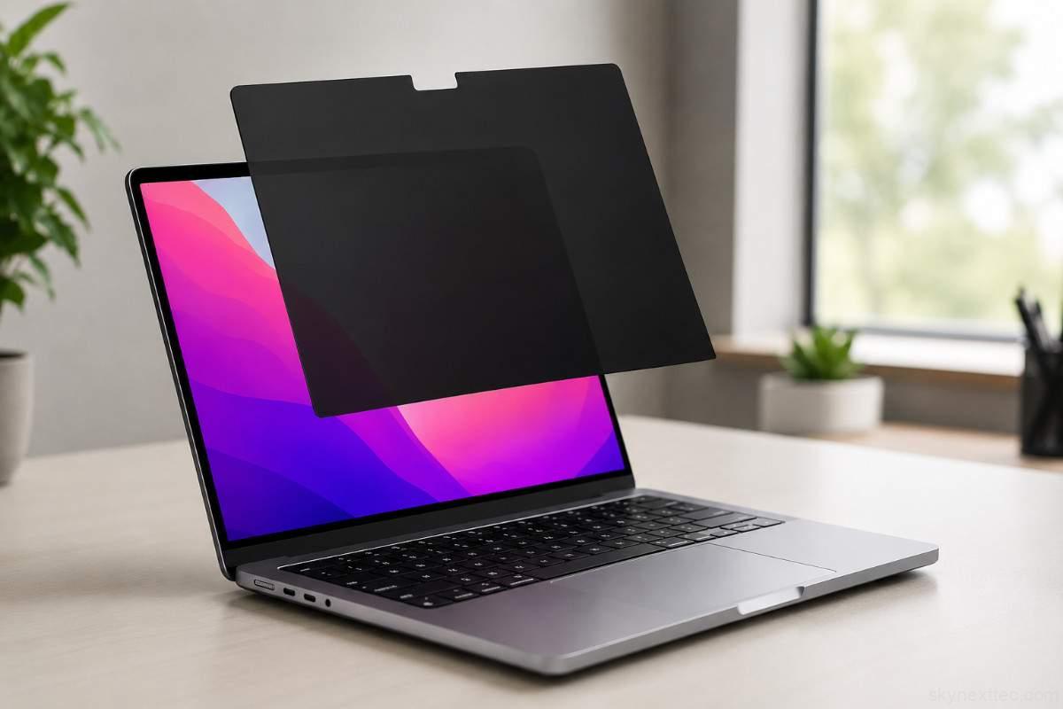 Kensington 14-Inch Elite Magnetic Privacy Screen attached to a MacBook Pro laptop