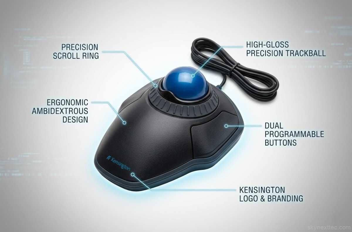 A high-angle studio shot of a black Kensington Orbit trackball mouse featuring a large blue center ball. The image includes several callout labels pointing to key features like the precision scroll ring, ergonomic design, and programmable buttons.